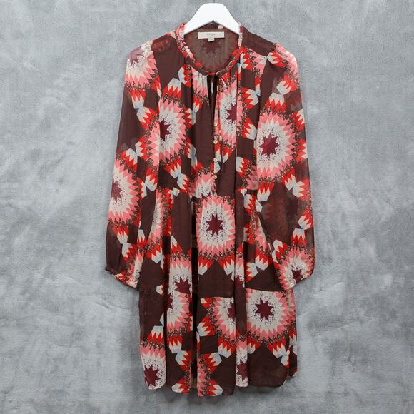 ANN TAYLOR LOFT Patchwork Tie Neck Flounce Dress Quilted Long Sleeve Brown Sz M - Picture 4 of 9